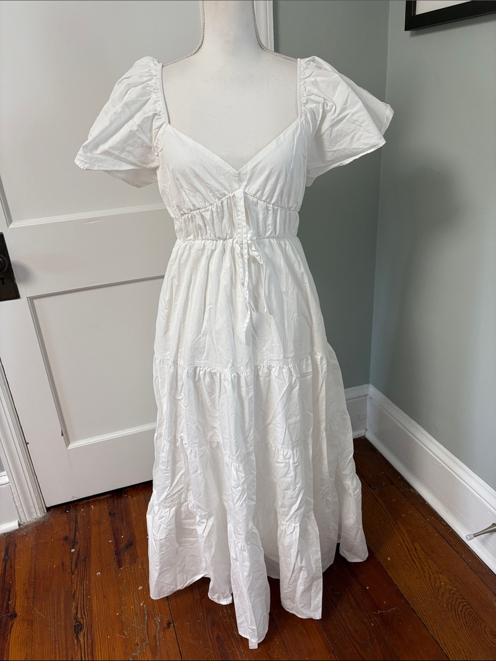 Altar'd State White Puff Sleeve Maxi Tie Waist Cotton Milkmaid Size Medium